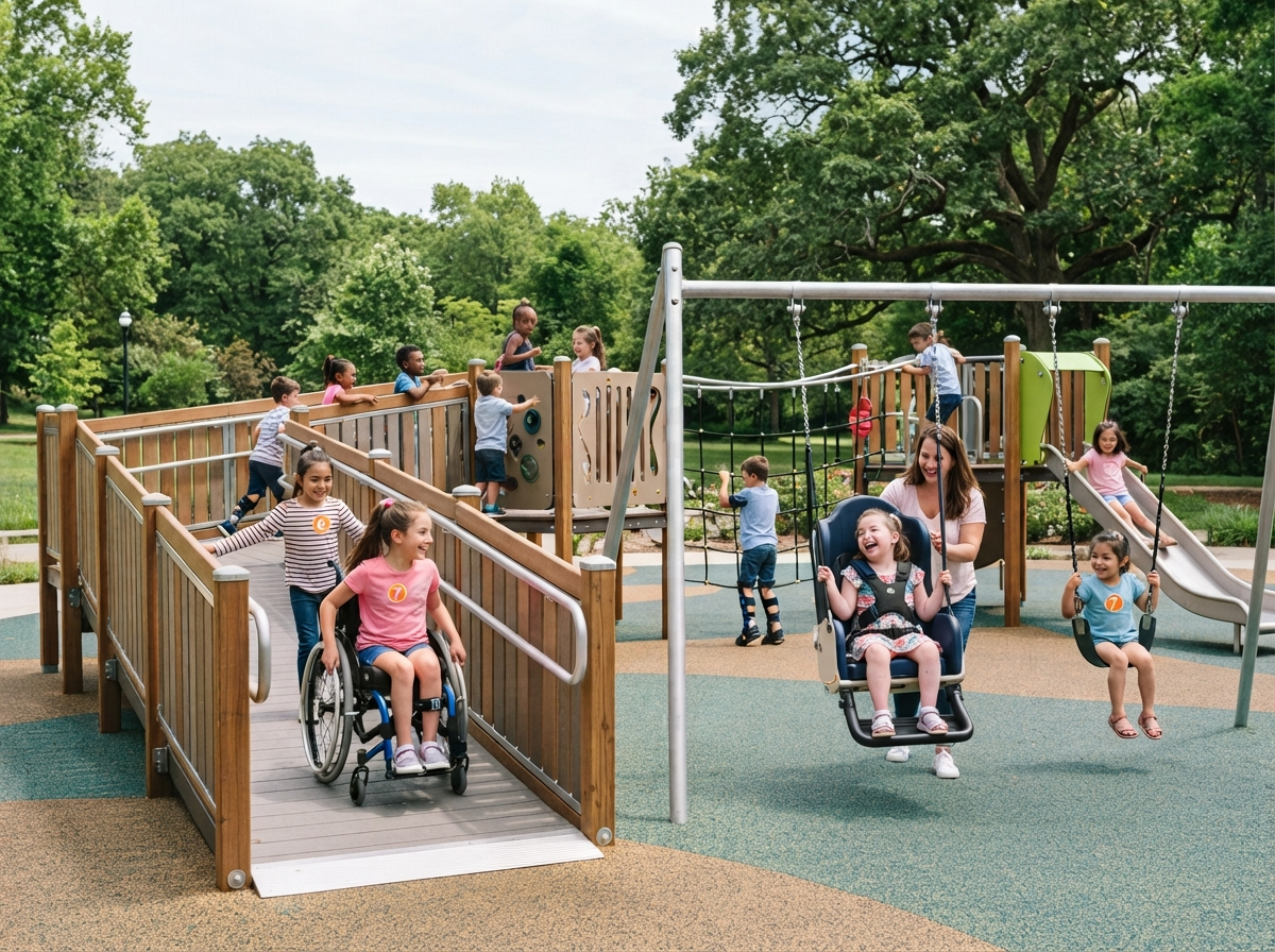 Children of various abilities playing on an accessible playground on a sunny day