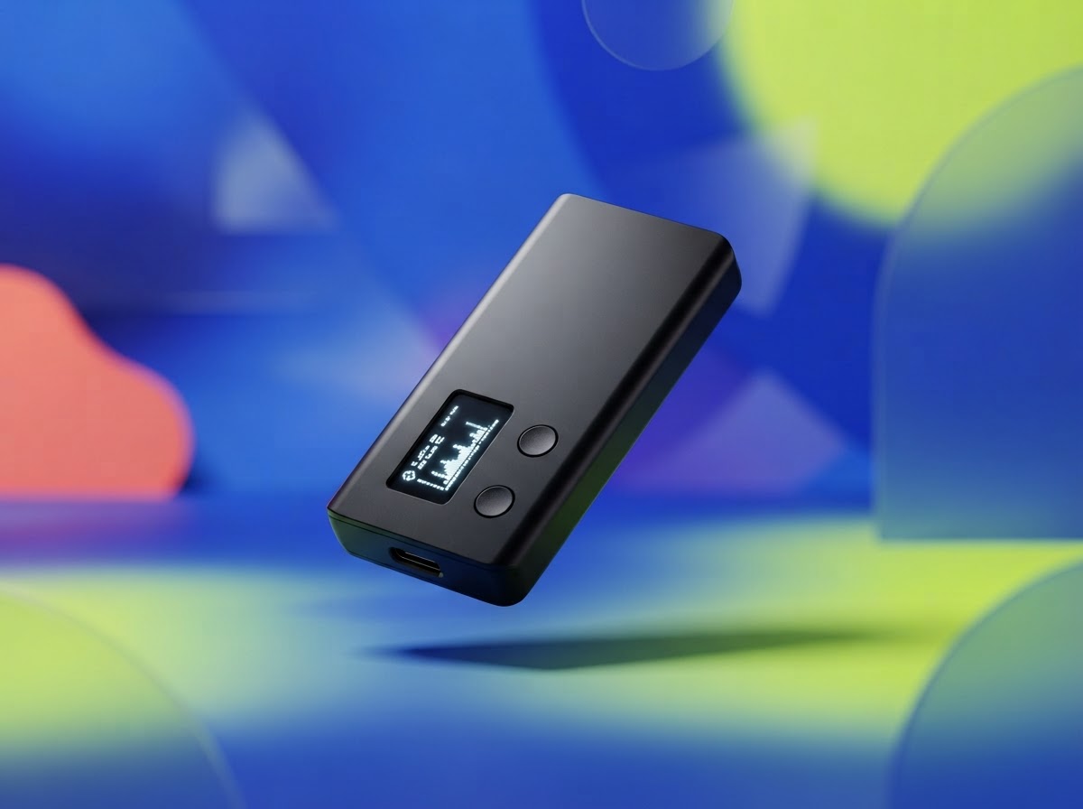 Illustration of a generic hardware wallet device on a colorful background