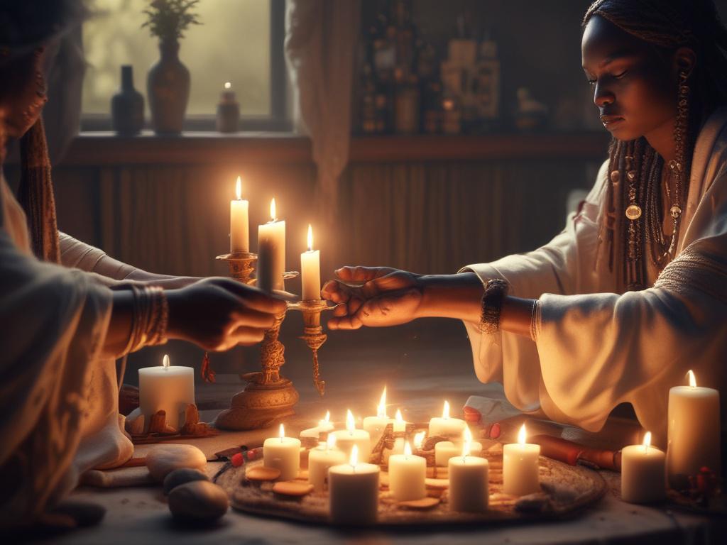 high-resolution image of a voodoo ritual scene with a serene atmosphere, soft lighting, and gentle tones, depicting a cleansing ceremony in progress with candles and spiritual elements.