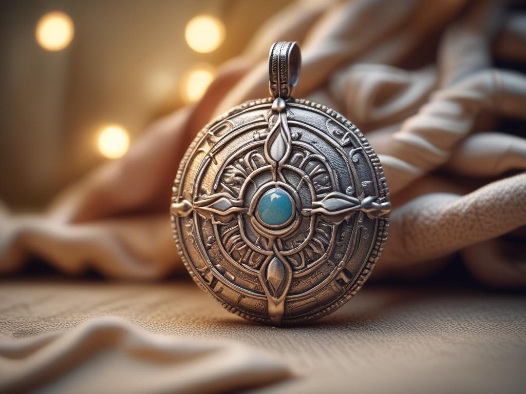high-resolution image of a beautiful protection amulet displayed on a soft fabric background, radiating warmth and tranquility, with gentle lighting.