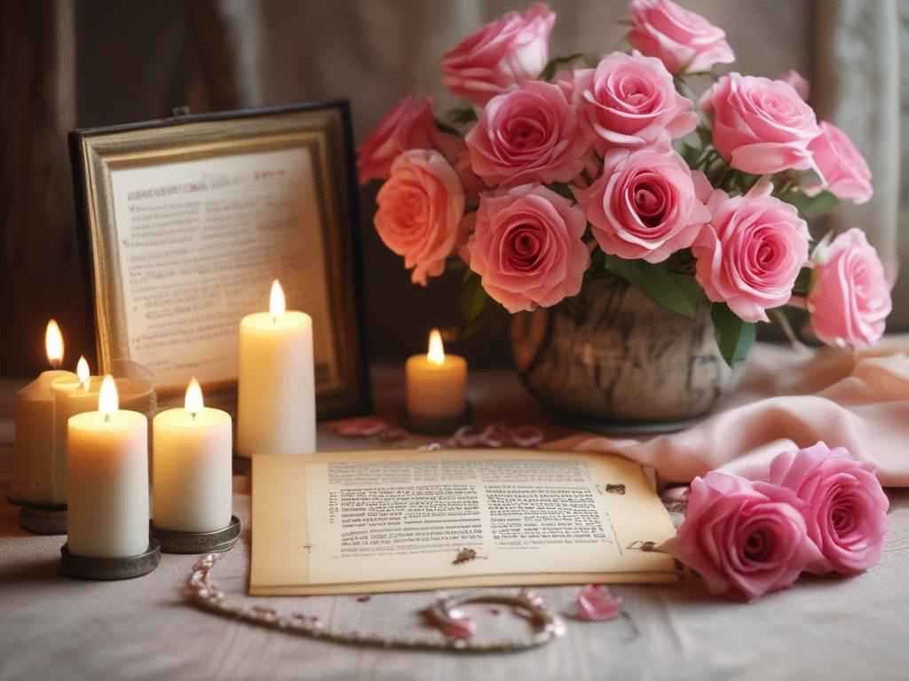 high-resolution image of a love spell setup featuring roses, candles, and symbolic artifacts, in a soft, romantic atmosphere with gentle lighting.
