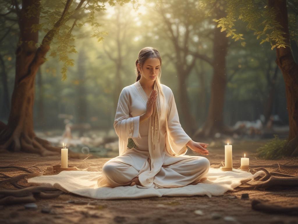 A serene and peaceful setting with soft lighting, depicting a single spiritual figure performing a ritual in a tranquil environment. The background features gentle nature elements, creating a calming atmosphere that embodies peace and restoration. The figure is dressed in traditional attire, engaged in a meditative pose, exuding tranquility and wisdom.