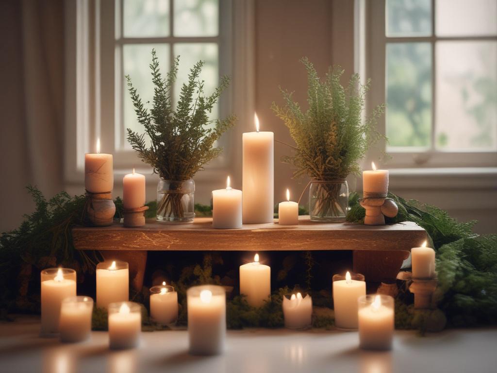 high resolution of a serene altar with candles and herbs,