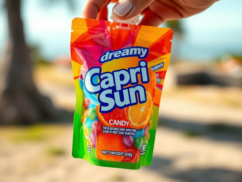 A high-resolution image of a colorful Dreamy Capri Sun Pouch, showcasing the vibrant design and candy-infused liquid inside. The pouch is held in a hand, with a blurred outdoor background to convey a sense of adventure and fun.