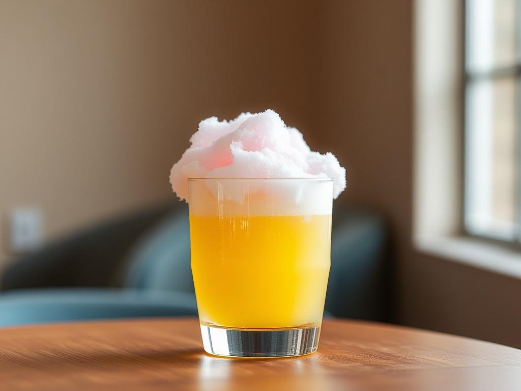 A high-resolution image of a glass of Candy Cloud Lemonade filled with a vibrant yellow drink, garnished with a fluffy cotton candy cloud on top. The glass is placed on a simple wooden table with a soft-focus background, emphasizing the drink's bright color and candy topping.