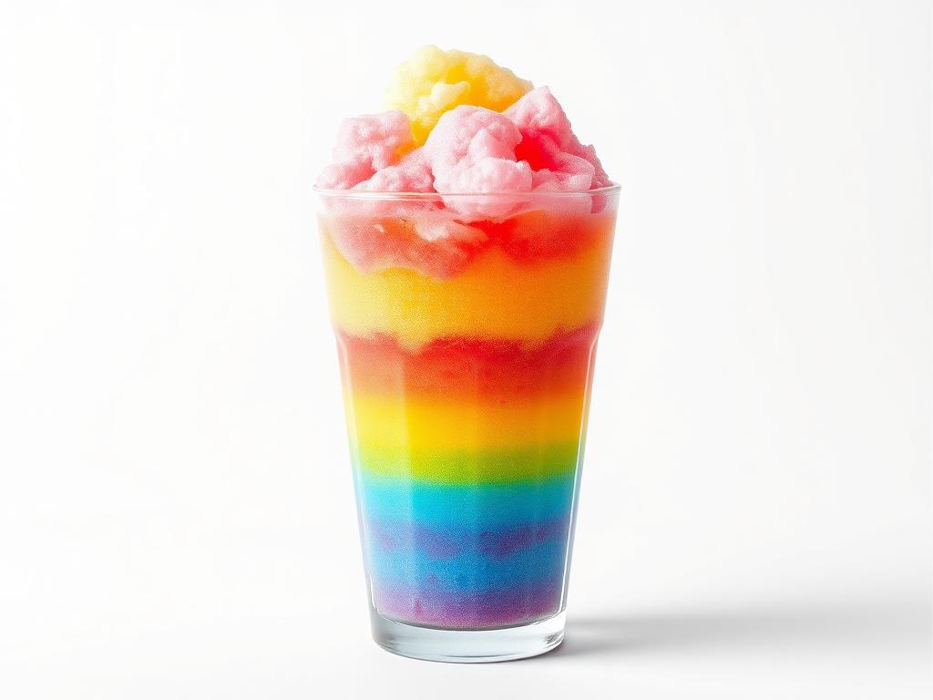 A high-resolution image of a vibrant Rainbow Slushie in a clear cup, showcasing multiple colorful layers of fruity flavors. The drink is topped with fluffy cotton candy, set against a minimalist white background to emphasize the vivid colors and details of the slushie.