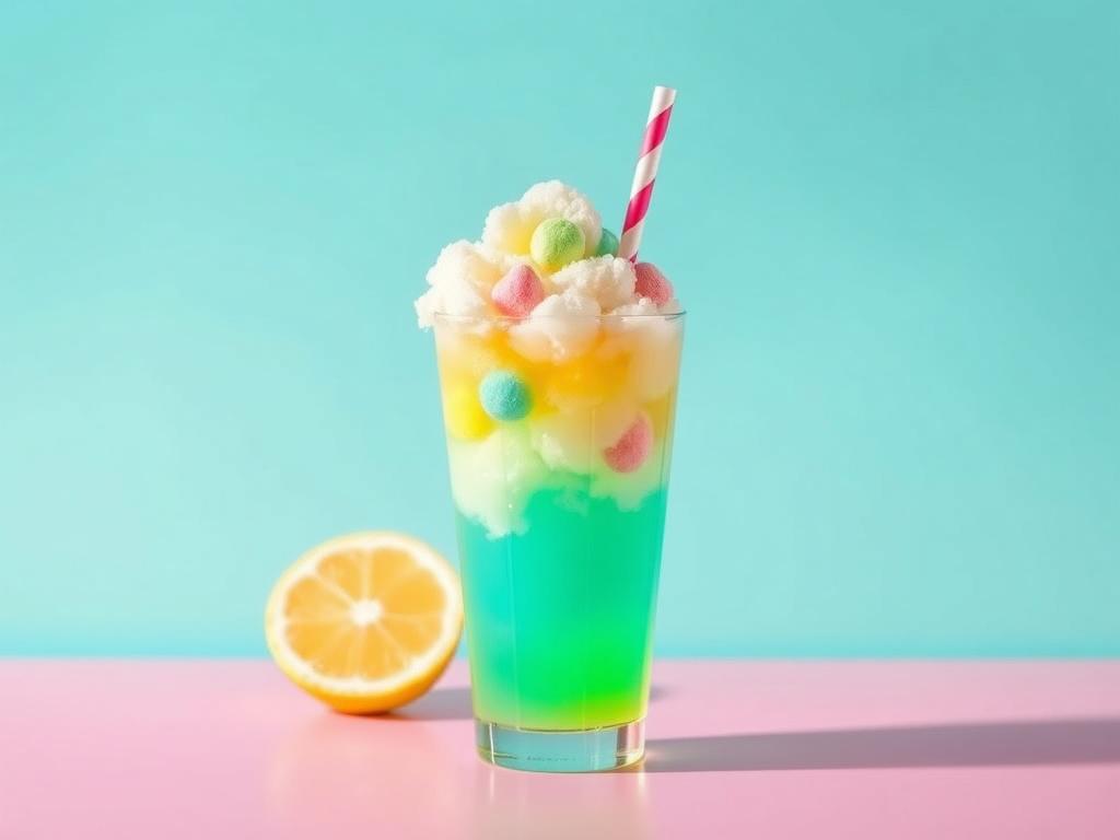 A vibrant, high-resolution image of a whimsical drink featuring a colorful lemonade topped with candy clouds. The drink should be served in a clear cup with a straw, showcasing the vivid layers of color. The background should be minimalistic and bright, emphasizing the drink's fun and celebratory nature, with clean lines and bold, vibrant colors.