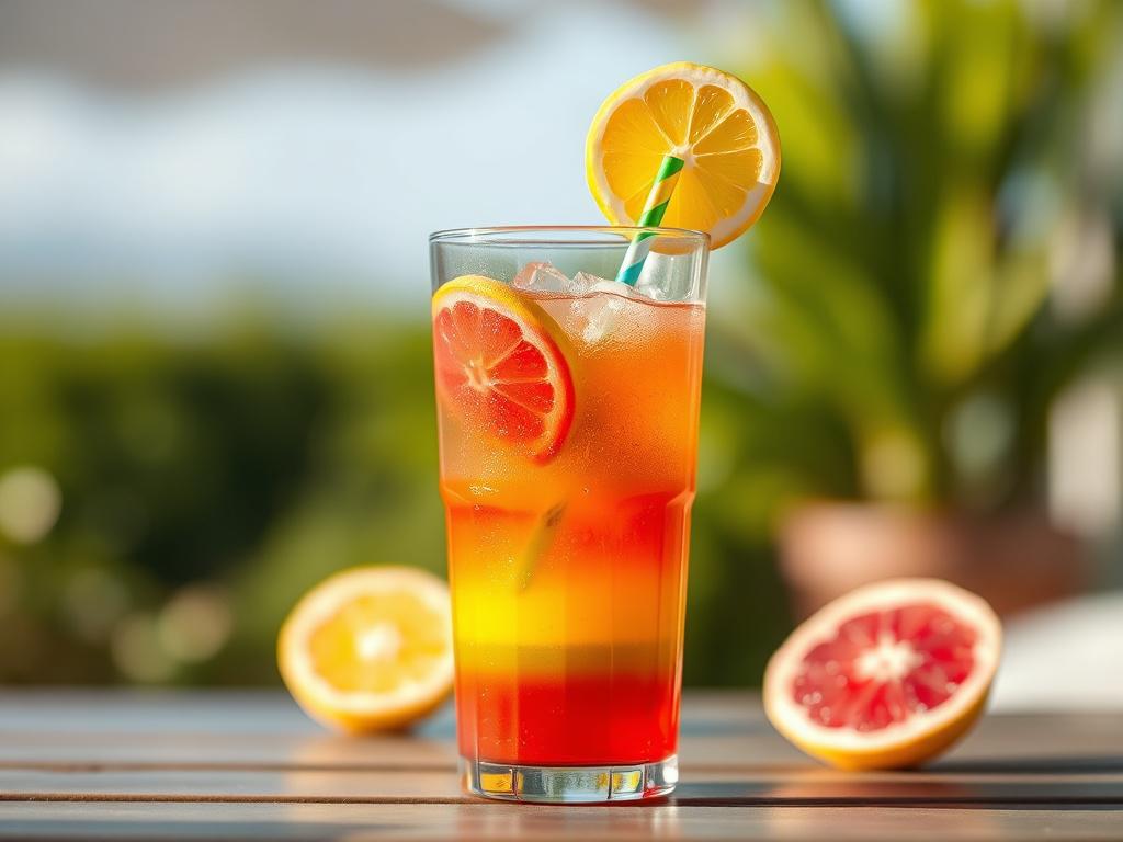 A high-resolution image of a colorful rainbow lemonade in a clear glass, filled with vibrant layers of fruit syrups, garnished with a lemon slice and a colorful straw. The background is a soft blurred outdoor setting, highlighting the drink's colors and inviting atmosphere. The focus is on the glass, showcasing its bright, cheerful appearance, with a clean and minimalistic composition.
