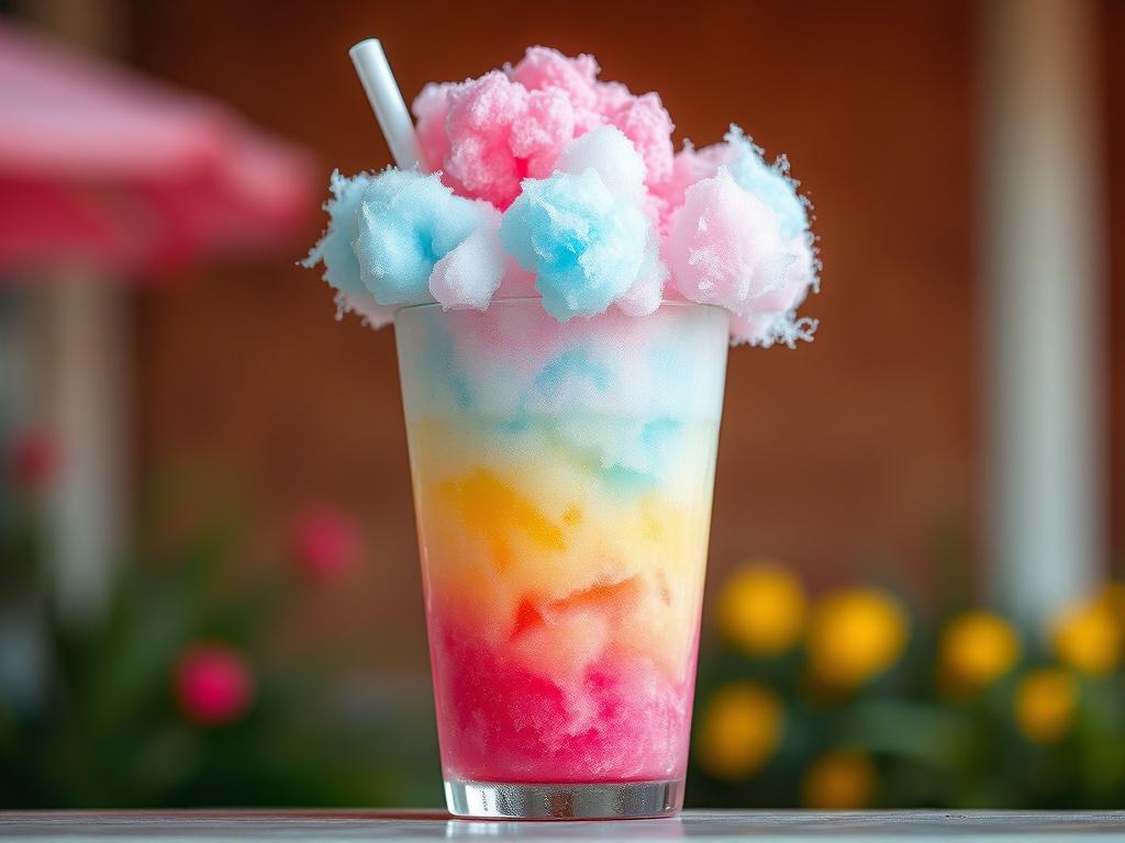 A high-resolution image of a vibrant Candy Cloud Slushie in a frosty cup, with colorful layers of slush and topped with fluffy cotton candy. The focus is on the slushie, showcasing its bright colors and fun texture, against a soft, blurred summer background. The image should have a clean and minimalistic composition, highlighting the delightful appearance of the drink.