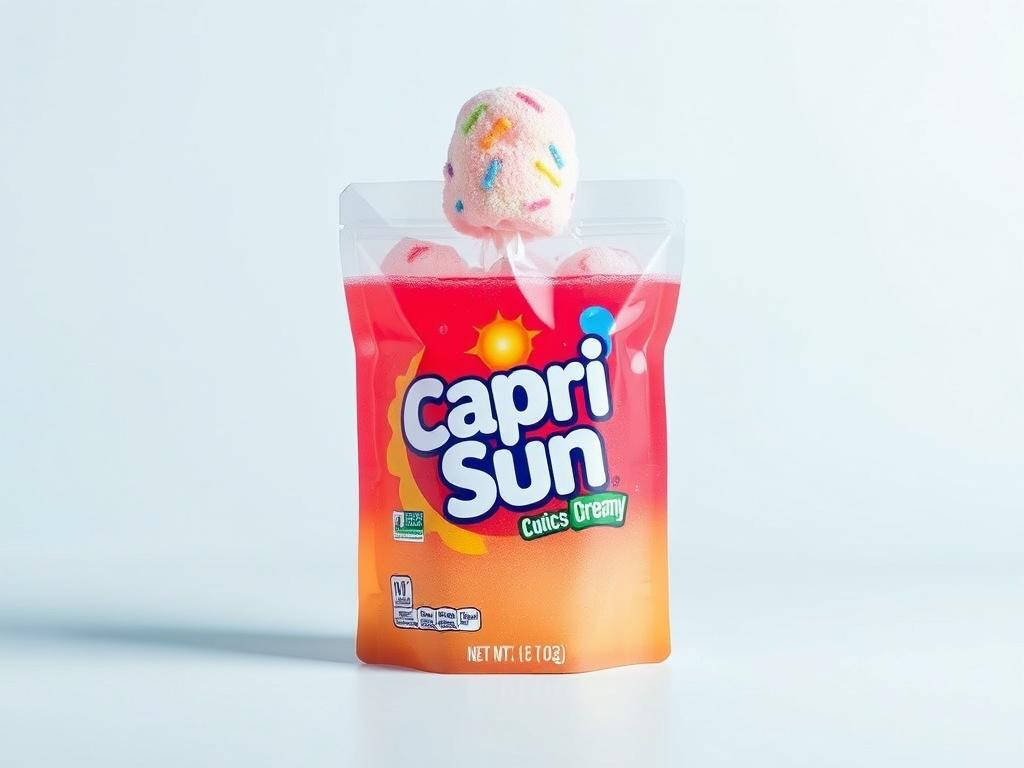 A high-resolution image of a Dreamy Capri Sun Pouch with a colorful candy cloud on top, set against a clean, minimalistic background. The pouch should be highlighted, showcasing its vibrant liquid and fun design, with a soft focus on the surroundings to emphasize the drink's playful nature.