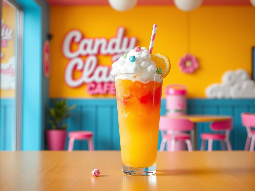 A vibrant and inviting scene featuring a colorful drink from Candy Cloud Café. The drink is a whimsical lemonade topped with candy clouds, set against a bright, cheerful background. The focus is on the drink, showcasing its vivid colors and playful presentation, while maintaining a clean and minimalistic style. The overall composition exudes joy and fun, appealing to families and children.