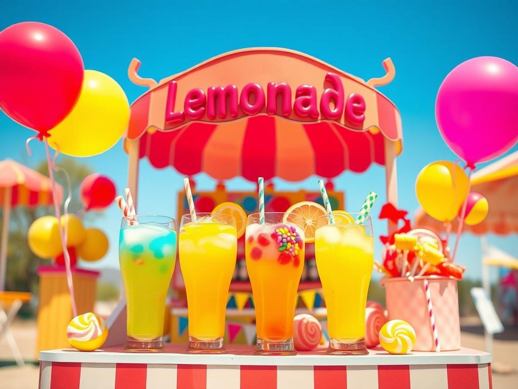 A vibrant, high-resolution image of a colorful lemonade stand with candy-infused drinks, featuring a whimsical design. The stand is decorated with balloons and candy-themed elements, set in a bright, cheerful outdoor setting. The focus is on the drinks, showcasing colorful cups with candy garnishes, under a clear blue sky.