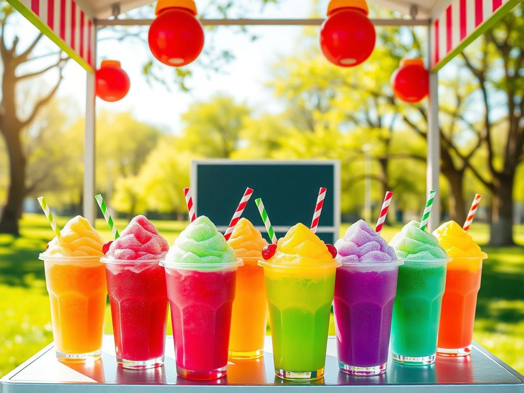 A realistic high-resolution image of a colorful slushie stand featuring various vibrant slushie cups with candy embellishments. The background is a sunny park setting with green grass and trees, creating a cheerful atmosphere. The focus is on the slushies, showcasing their bright colors and fun garnishes.