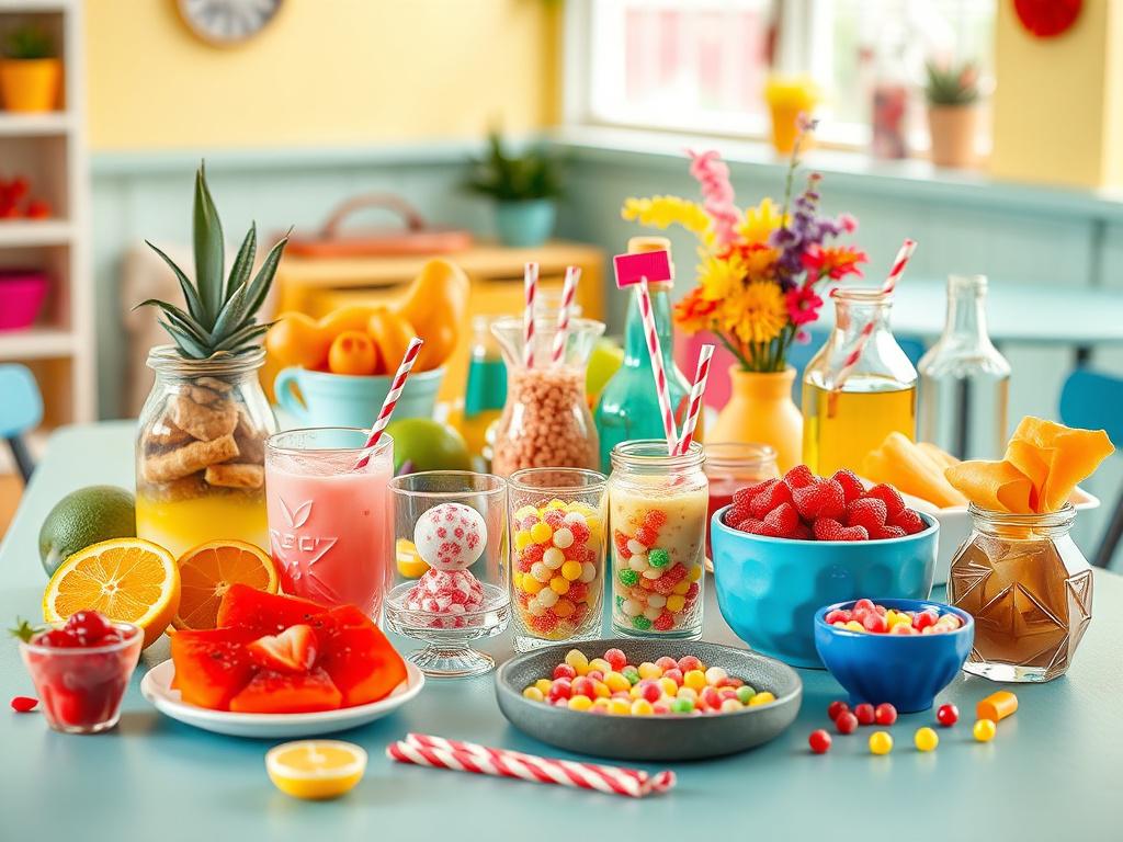 A high-resolution image of a colorful workshop table filled with ingredients for making candy-infused drinks. The scene should feature vibrant fruits, candy garnishes, and drink-making tools, set in a cheerful indoor space. The focus is on the creative setup, inviting participants to join in and explore.