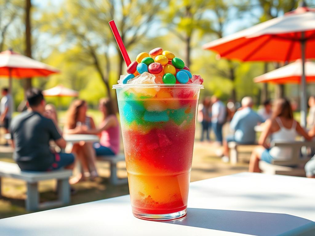 A vibrant and colorful slushie topped with candy in a clear cup, placed on a clean white surface. The background is a sunny park setting with people enjoying their drinks in the distance, creating a joyful atmosphere. The slushie should showcase multiple layers of colors, and the candy topping should be eye-catching and whimsical.