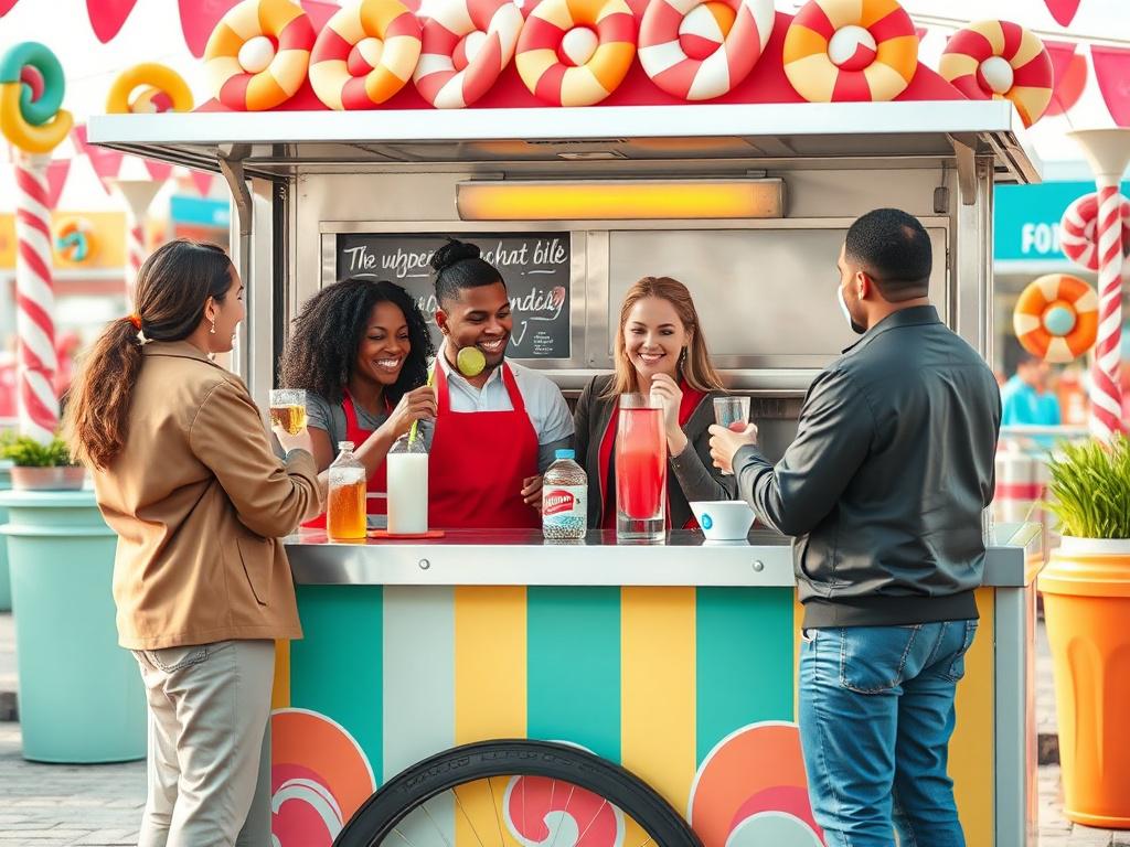 A friendly, diverse team of employees behind a colorful drink cart, smiling and serving beverages to happy customers. The scene is set in a vibrant outdoor location, filled with colorful decorations and candy-themed elements, showcasing a lively atmosphere. The employees are engaged with customers, emphasizing teamwork and joy.