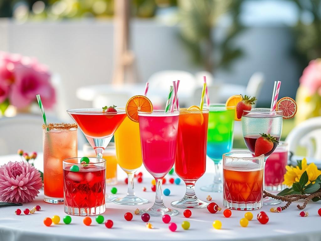 An elegant table set for a party with various colorful candy-infused drinks elegantly displayed. Each drink features vibrant colors and whimsical garnishes, surrounded by festive decorations. The background should be a cheerful outdoor setting, conveying a sense of celebration and joy.