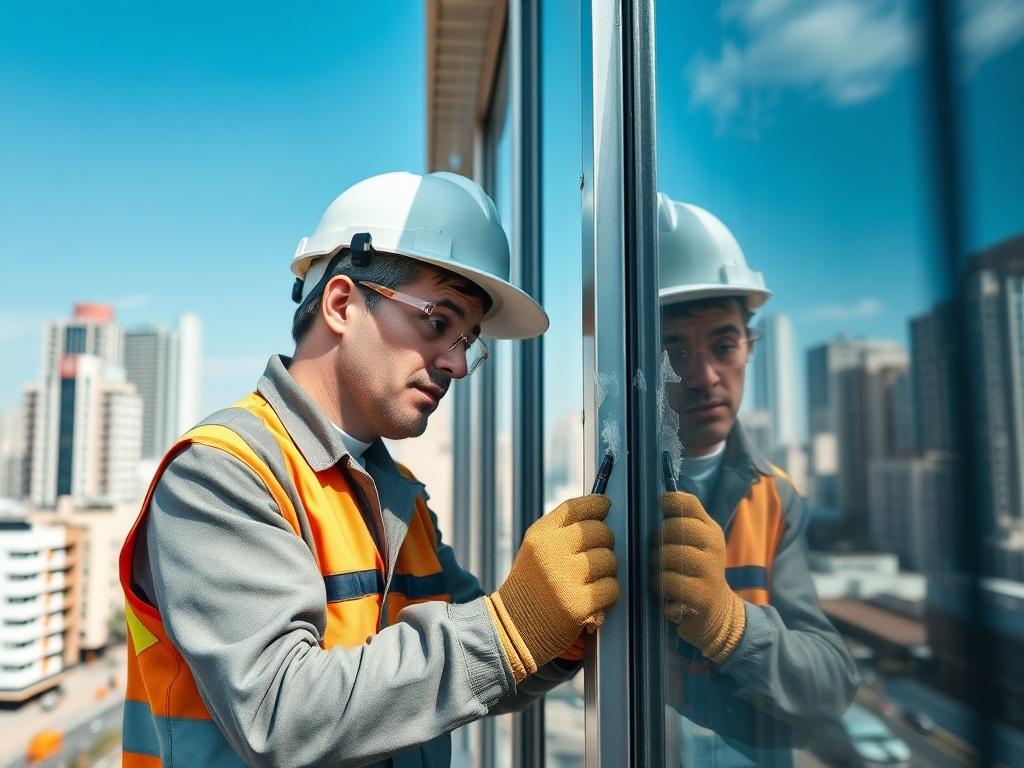 A hyper-realistic close-up shot of a professional technician performing maintenance on a modern aluminum composite panel (ACM) in an urban setting. The technician is wearing safety gear, focused on cleaning and repairing the panel. The background shows a bustling cityscape, with clear blue skies and buildings in the distance, emphasizing the importance of high-quality signage and maintenance in urban environments.