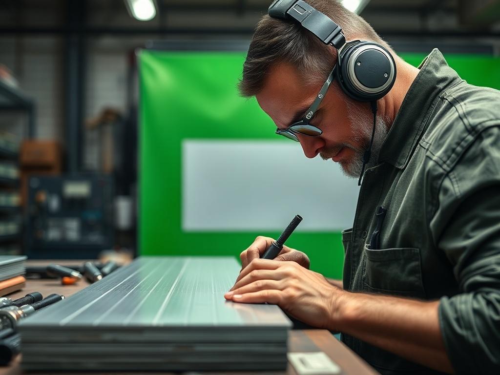 A close-up shot of a skilled craftsman working on a high-quality aluminum composite panel in a modern workshop. The focus is on the intricate details of the panel being crafted, showcasing the vibrant green color (rgb(50, 170, 39)) in the background. The composition is well-lit, highlighting the craftsmanship and precision involved in the process.