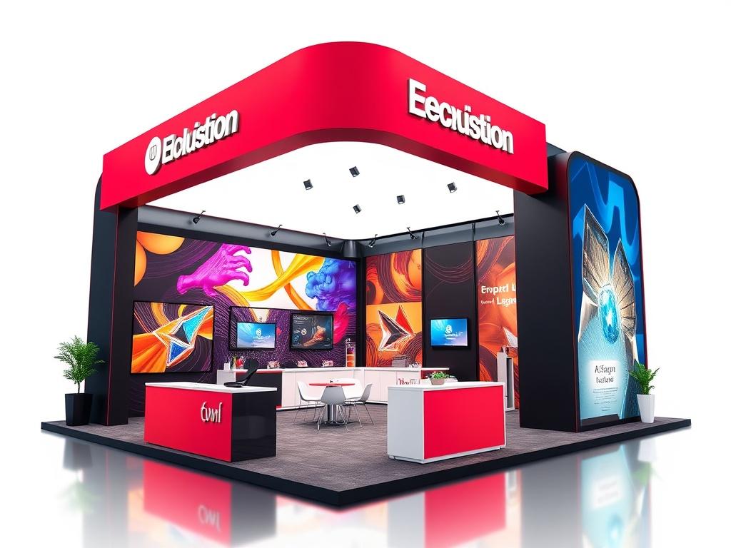 A realistic high-resolution photo of a custom-designed exhibition booth showcasing vibrant branding elements. The booth should be visually appealing, with engaging graphics and a professional layout. The background should be simple and clear to focus on the booth's design, captured in a close-up shot using a 45mm f/1.2 lens.