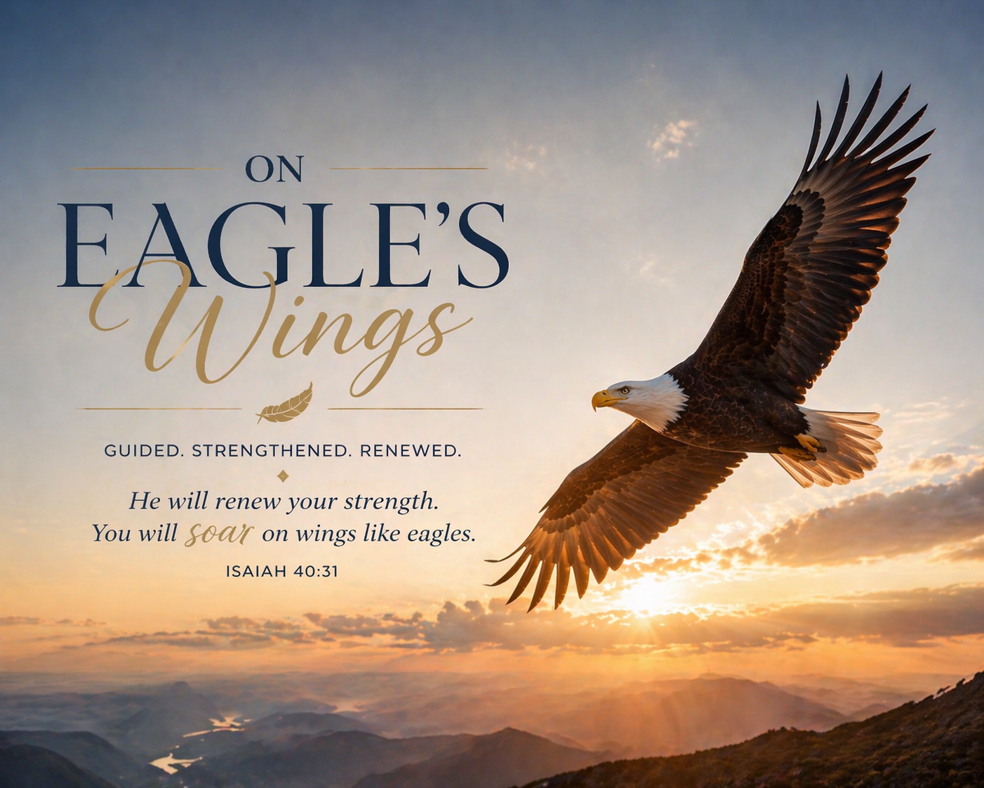 Soaring eagle in spiritual light symbolizing On Eagle's Wings program