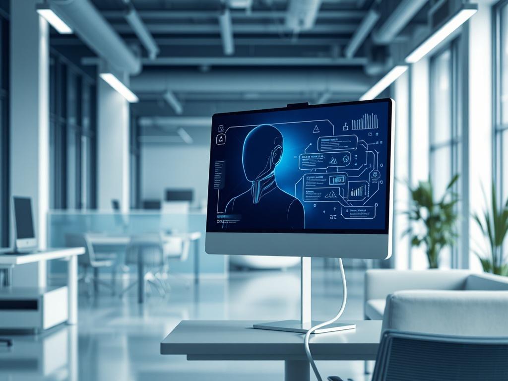 A realistic high-resolution photo showcasing an AI agent in a modern office environment. The AI agent should be depicted as a sleek, futuristic digital assistant on a computer screen, with soft gray and rich blue accents in the design. The background should be a clean, tech-inspired workspace featuring minimalistic furniture and soft lighting, emphasizing innovation and professionalism.