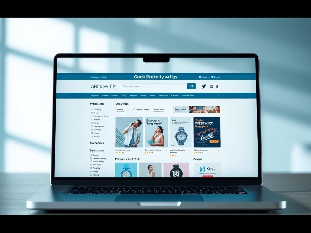 A realistic high-resolution photo of a modern e-commerce website displayed on a laptop, showcasing a vibrant product page with clear images and descriptions. The background should feature a cool-toned environment with shades of rich blues and soft grays, creating a professional and inviting atmosphere.