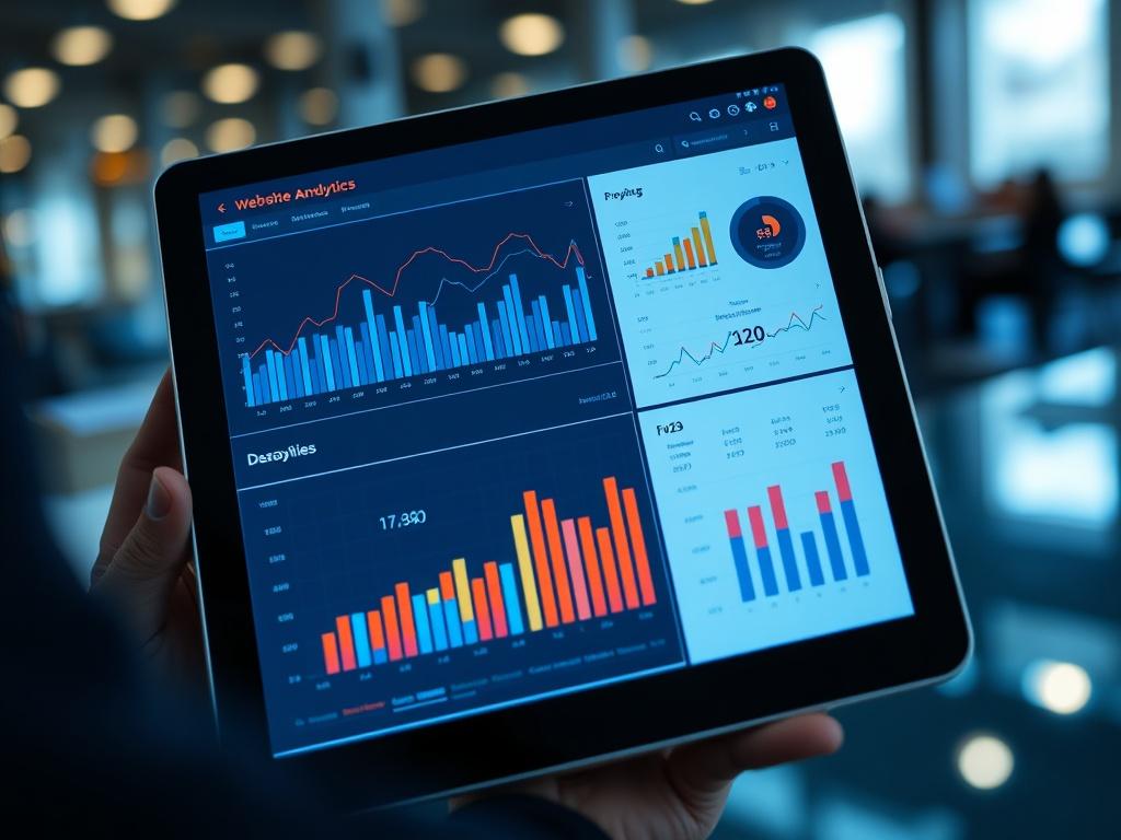 A close-up shot of a high-tech dashboard displaying website analytics on a tablet, with graphs and data visualizations. The background should be professional, conveying a sense of advanced technology and business growth, shot with a 45mm f/1.2 lens.