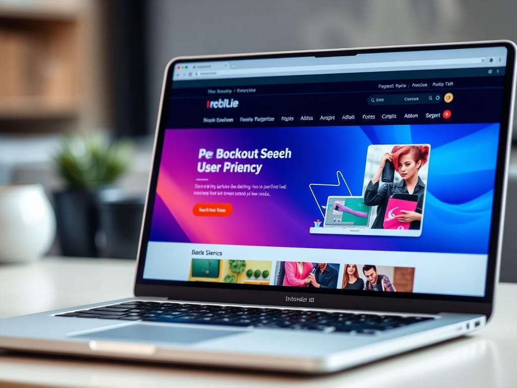 A close-up shot of a sleek, modern website displayed on a laptop's screen, emphasizing user-friendly design and vibrant graphics. The background should be softly blurred to focus on the website, conveying professionalism and innovation, shot with a 45mm f/1.2 lens.