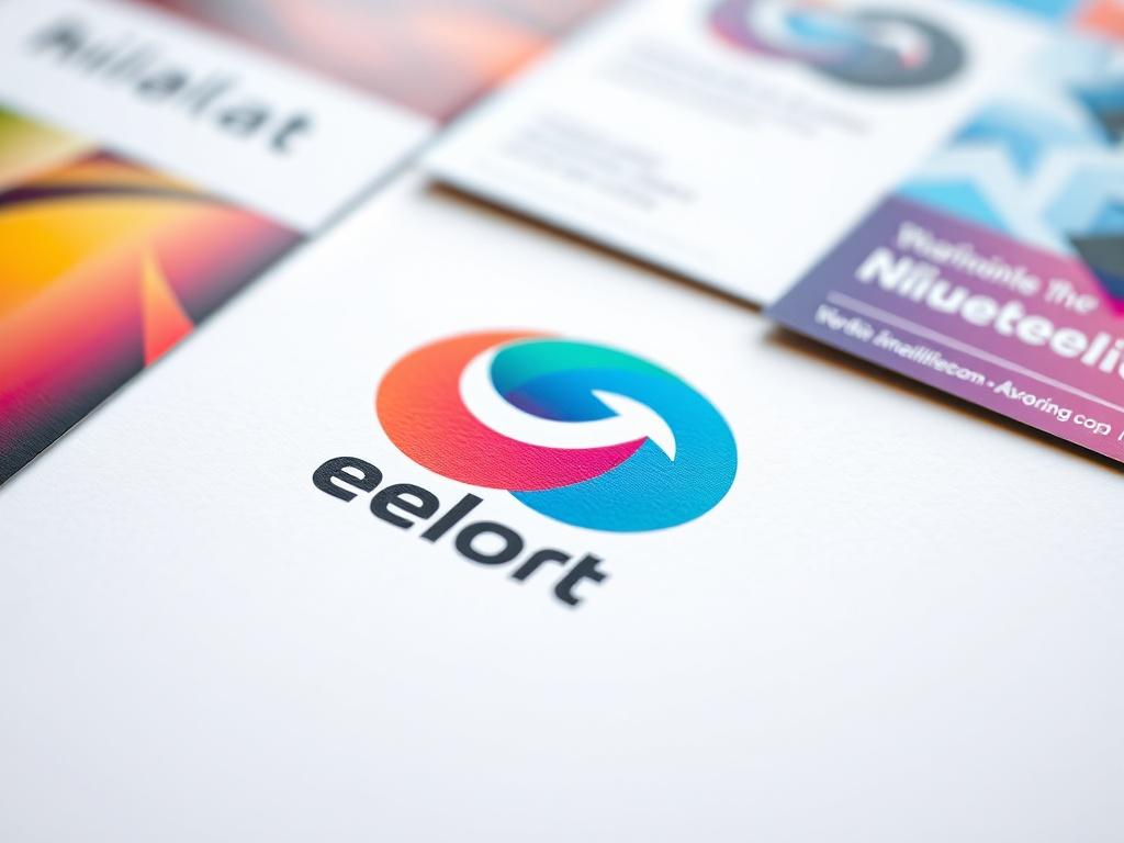 A close-up shot of a beautifully designed logo on a white background, showcasing vibrant colors, with elements of branding materials like business cards and flyers subtly blurred in the background. The image should convey professionalism and creativity, shot with a 45mm f/1.2 lens.