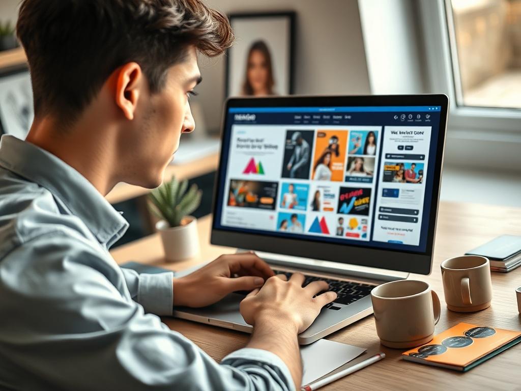 Create a highly detailed, hyper-realistic high-resolution image that visually represents the concept of digital branding. The subject of the image should be a well-designed, modern workspace featuring a person (a young professional, wearing smart-casual attire) focused intently on a laptop screen, engaged in branding activities. The individual should be seen from a slight side profile to convey concentration and creativity.

The workspace should display several elements that signify digital branding, includ