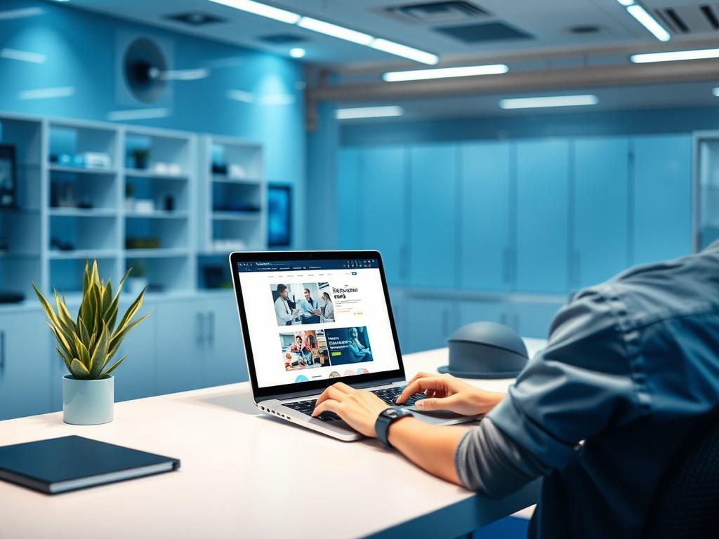 A modern workspace featuring a designer working on a sleek laptop, showcasing website design on the screen. The background includes a clean, tech-inspired environment with rich blues and soft grays. The setting is bright and organized, conveying a sense of innovation and professionalism.