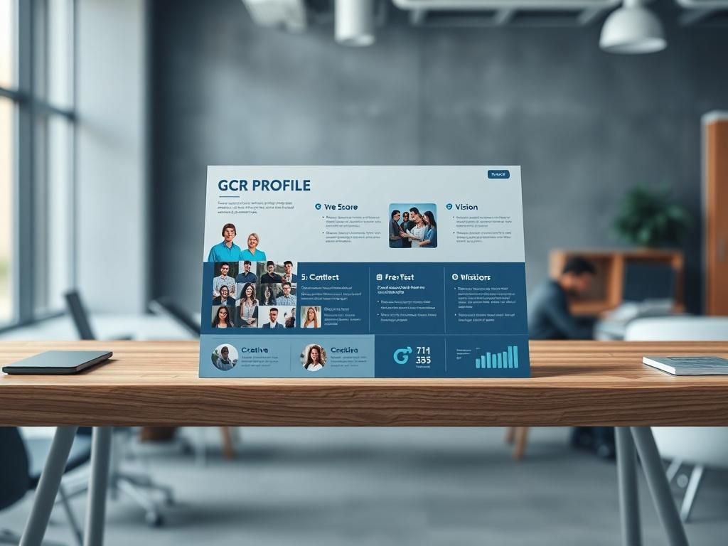 A professional and modern company profile layout displayed on a wooden desk. The background features a blurred office environment with soft gray tones. The profile includes images of happy team members, creative graphics, and sections highlighting mission and vision statements. The overall look is clean, using cool-toned colors and a tech-inspired design that conveys innovation and professionalism.