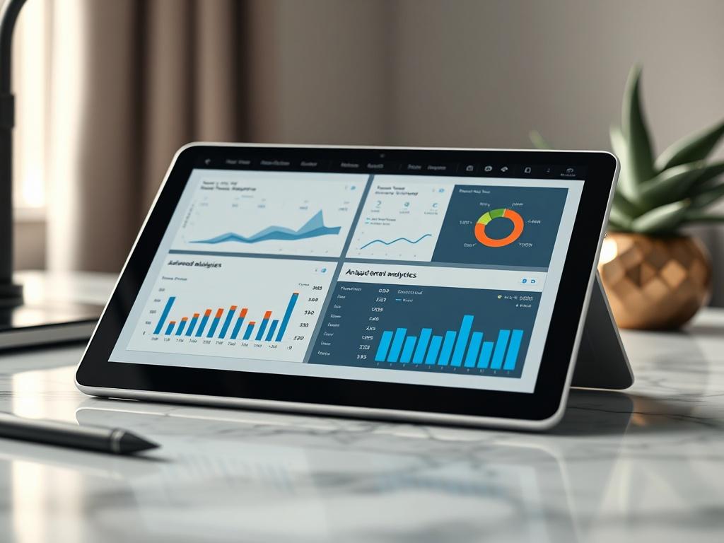 A high-resolution close-up of a tablet showcasing an advanced analytics dashboard. The tablet is placed on a stylish desk with a soft-focus background that harmonizes with the primary color rgb(50, 170, 39). The dashboard displays engaging graphs and visuals, emphasizing data-driven insights.