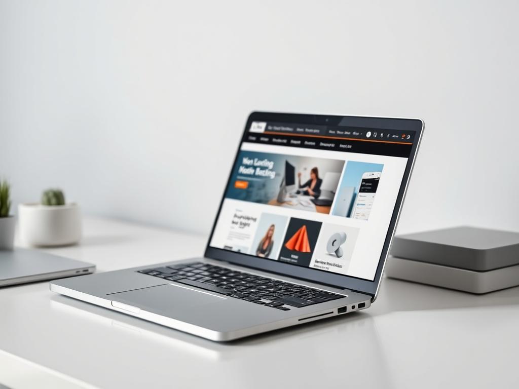 A close-up shot of a beautifully designed laptop displaying a modern website layout. The laptop sits on a clean, minimalistic desk with a subtle background that complements the primary color rgb(50, 170, 39). The focus is on the laptop screen, showcasing the website design, with soft lighting enhancing the sleek look.