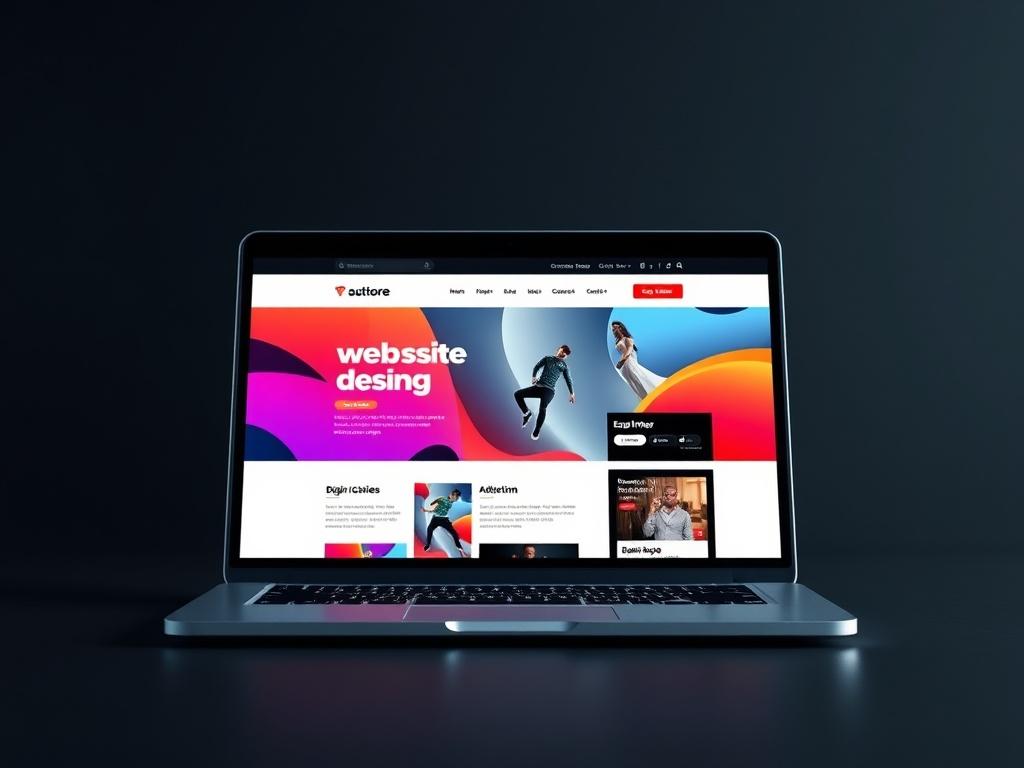A stunning website design showcased on a laptop screen, set against a dark, minimalist background. The screen displays an engaging and modern layout with vibrant colors and bold typography. The composition focuses on the laptop, emphasizing the design details. The image should capture a sense of professionalism and creativity.
