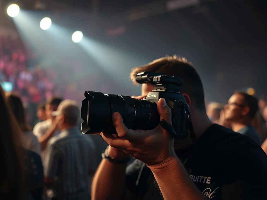 A professional photographer capturing a dynamic scene at an event, surrounded by a dark, atmospheric background. The focus is on the camera and the action being captured, illustrating the essence of photography and videography services. The image should convey creativity and professionalism.