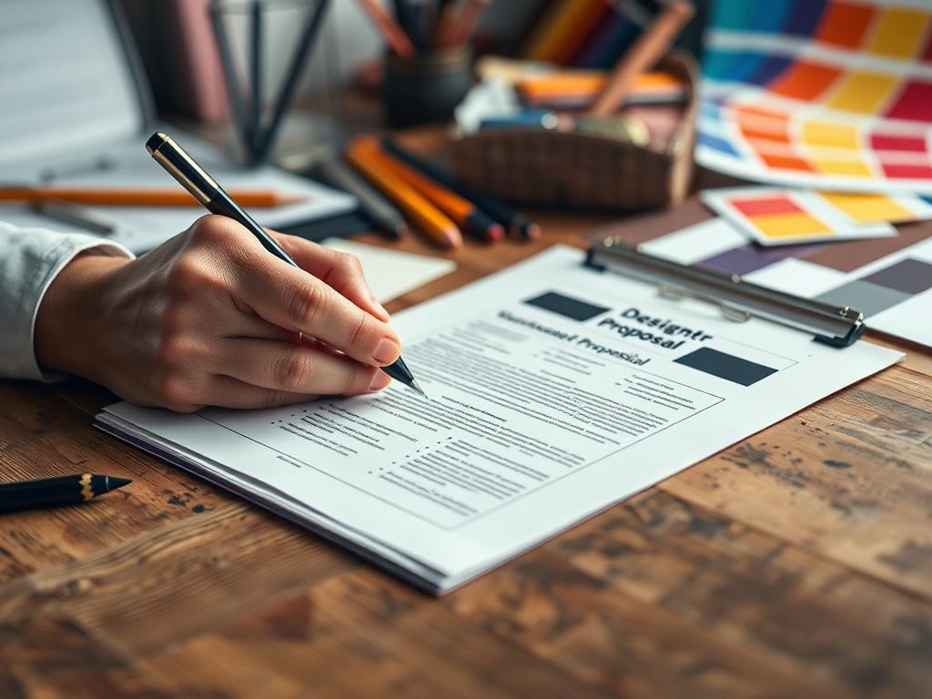 Close-up shot of a design proposal document on a wooden desk, with a designer's hand making notes. The background should include design tools like pencils and color swatches, creating an inviting workspace atmosphere.