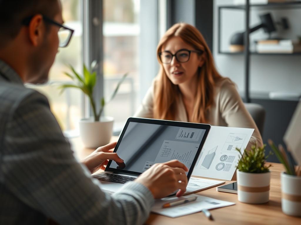 Close-up shot of a professional design consultation between a client and a designer, showcasing a laptop with design sketches. The setting should be modern and inviting, with a focus on engaged communication. Use soft natural lighting and a blurred background to emphasize the interaction.