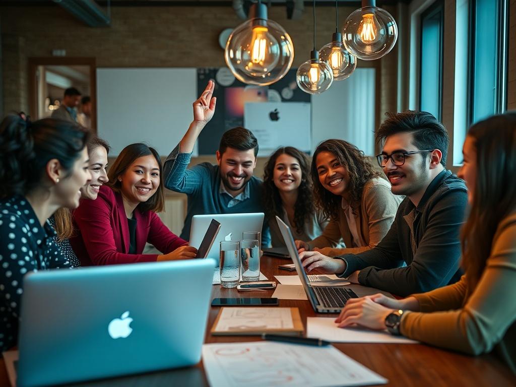 Close-up shot of a celebratory team meeting after a successful launch, with laptops and design materials visible. The atmosphere should be joyful and collaborative, emphasizing teamwork and success.