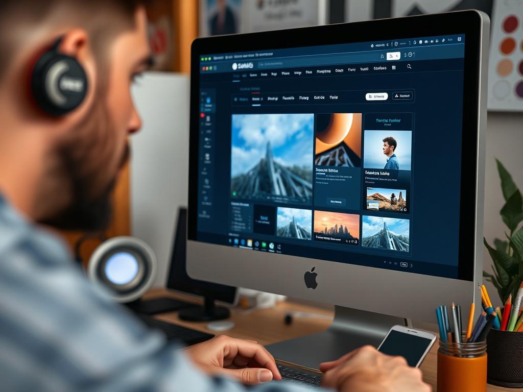Close-up shot of a computer screen displaying a website design in progress, with a designer working intently. The setting should include design tools and color palettes, highlighting a creative workspace.