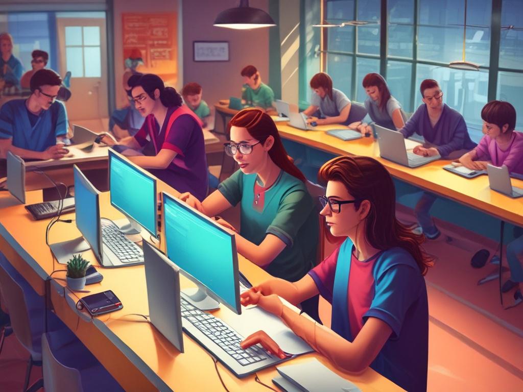 a group of teenagers collaborating on coding projects with laptops,