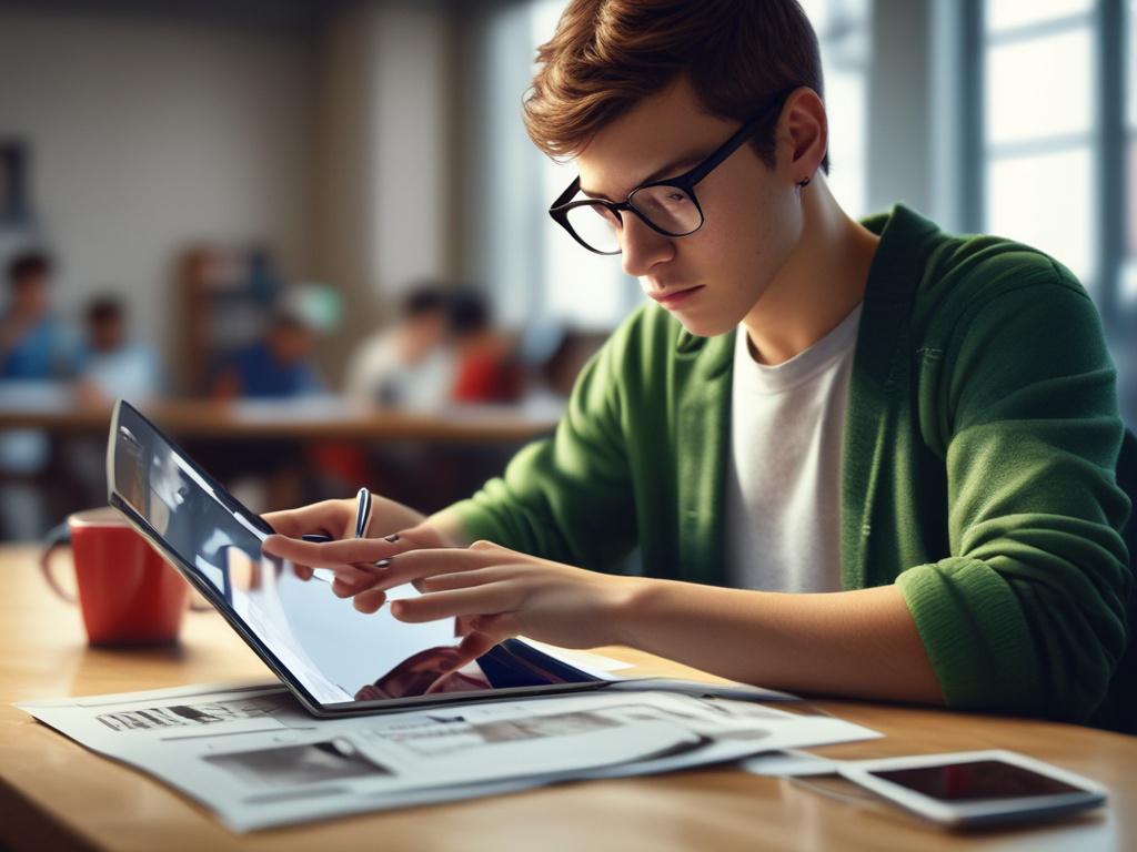 a teenage student analyzing digital marketing data on a tablet,