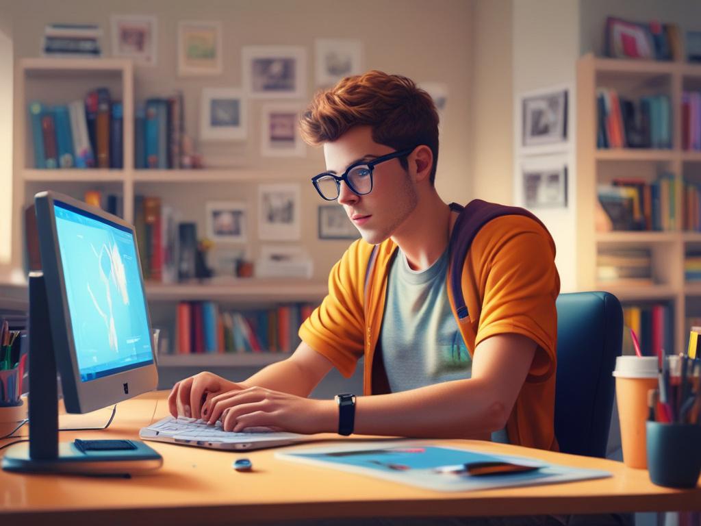 a teenage student focused on editing a video on a