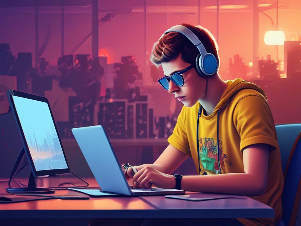 a teenager coding on a laptop, vibrant colors, minimalistic design,