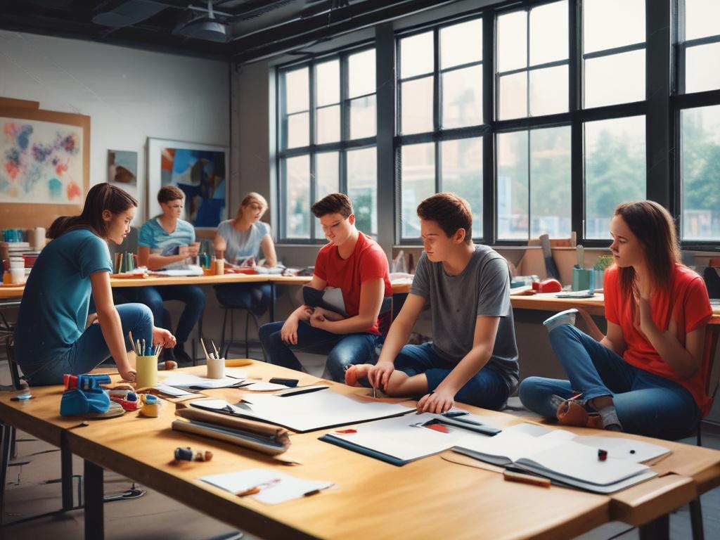 a group of teenagers engaged in a workshop, vibrant colors,