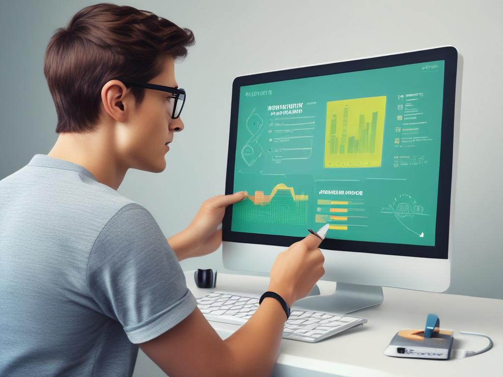 a teenager analyzing digital marketing data on a screen, vibrant