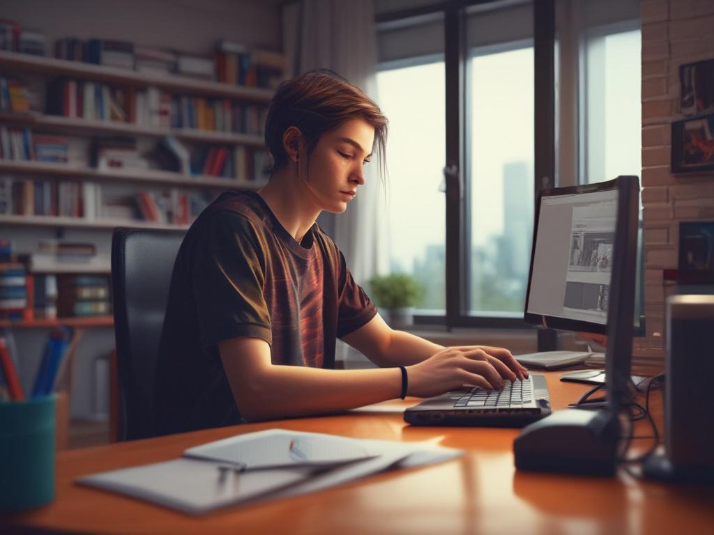 A young teenager sitting at a computer desk, focused and engaged, with a laptop open in front of them. The background is minimalistic and clean, featuring bright, vibrant colors that emphasize a lively and inspiring atmosphere. The teenager is smiling, showcasing their excitement about learning computer skills. The scene is well-lit, highlighting the details of the laptop and the teenager's expression.