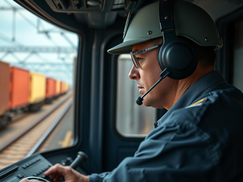 A close-up shot of a Freight Train Engineer at the controls of a freight train, focused on the tracks ahead. The engineer is wearing a uniform and headset, with a blurred view of freight cars in the background, symbolizing the importance of freight transportation.