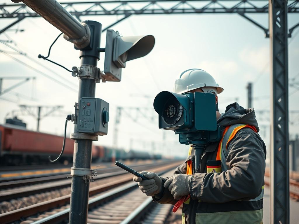 A close-up shot of a Signal Maintainer working on a railway signal system. The maintainer is in a hard hat and safety gear, examining the signal equipment with tools in hand. The background showcases railway tracks and a clear sky, highlighting the importance of rail safety.